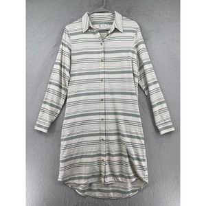 Carve Designs Shirt Dress Womens S Ivory Green Striped Pockets Long Sleeve Beach